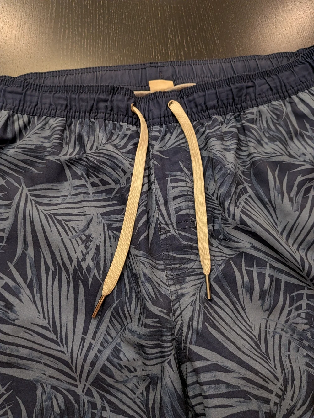 Fair Harbor Navy Palm-Print Swim Trunks with Light Blue Leaf Pattern